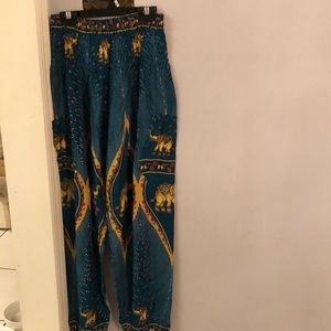 Boho Elephant pants, green with gold elephants, pockets, one size